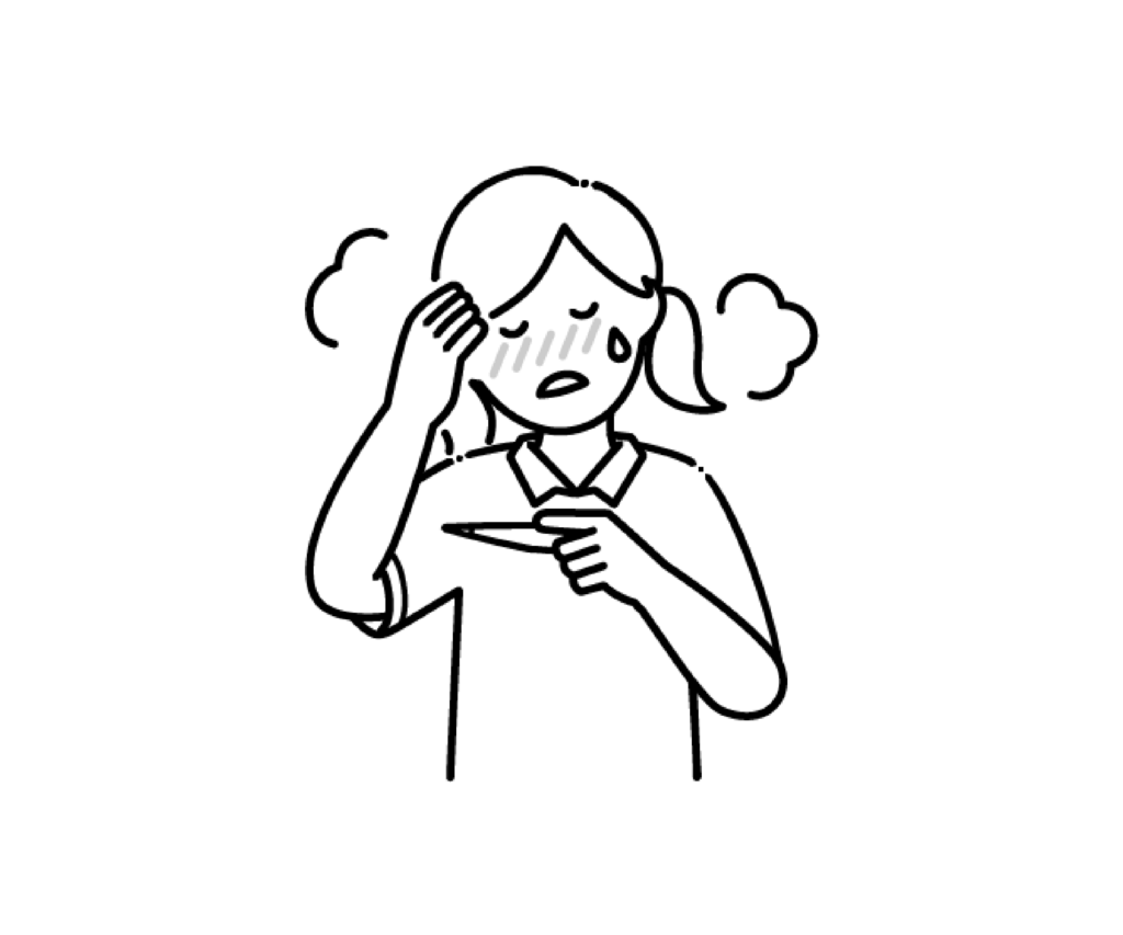 発熱をした小さい女の子の白黒イラスト