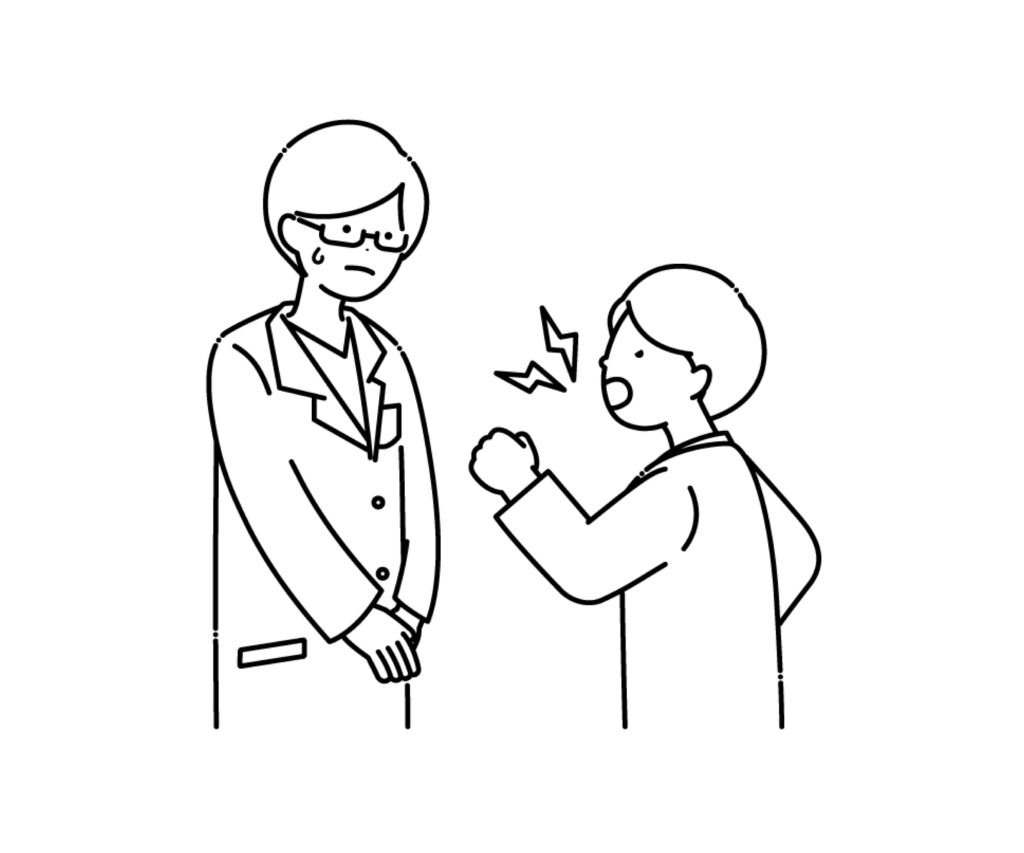 カスタマーハラスメントを受ける医師の白黒イラスト