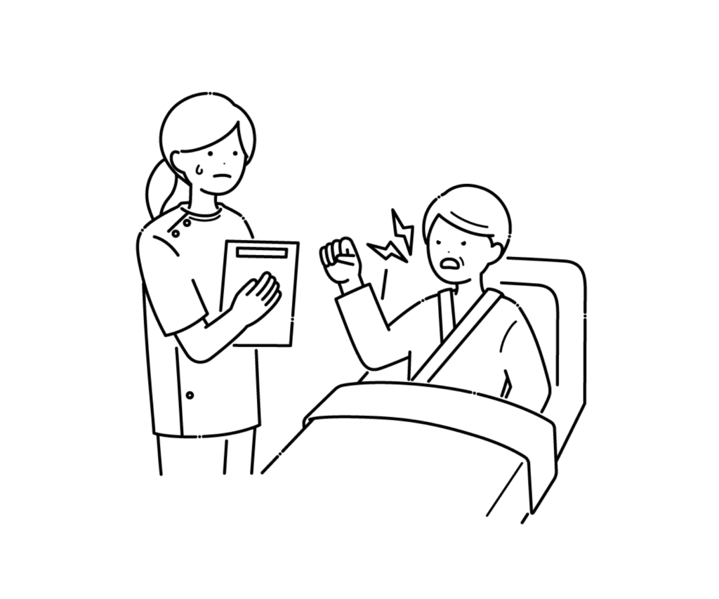 カスタマーハラスメントを受ける看護師の白黒イラスト