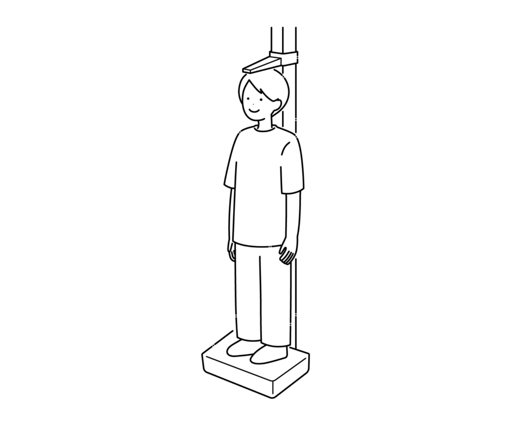 身体測定で身長をはかる男性の白黒イラスト