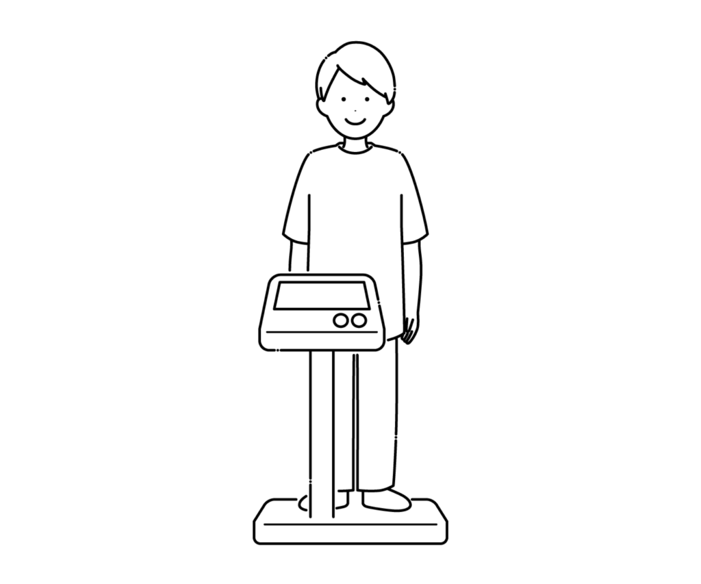 身体測定で体重をはかる男性の白黒イラスト