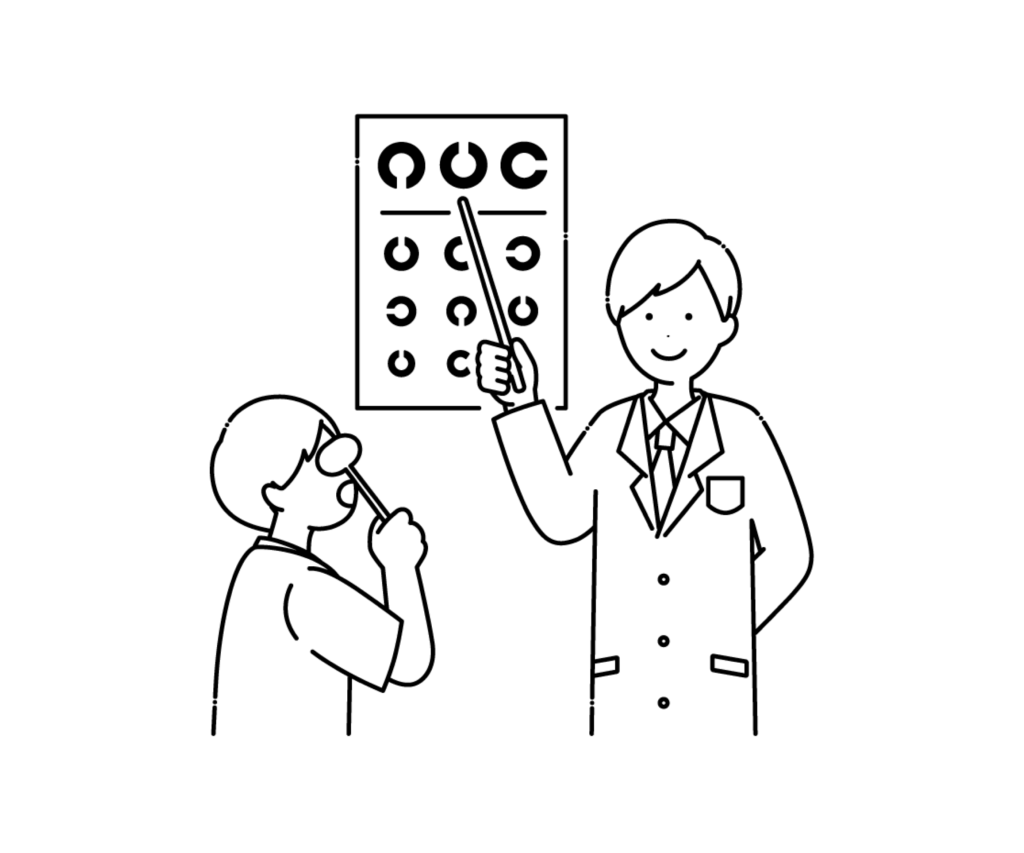 視力検査をする男性医師と男性の白黒イラスト