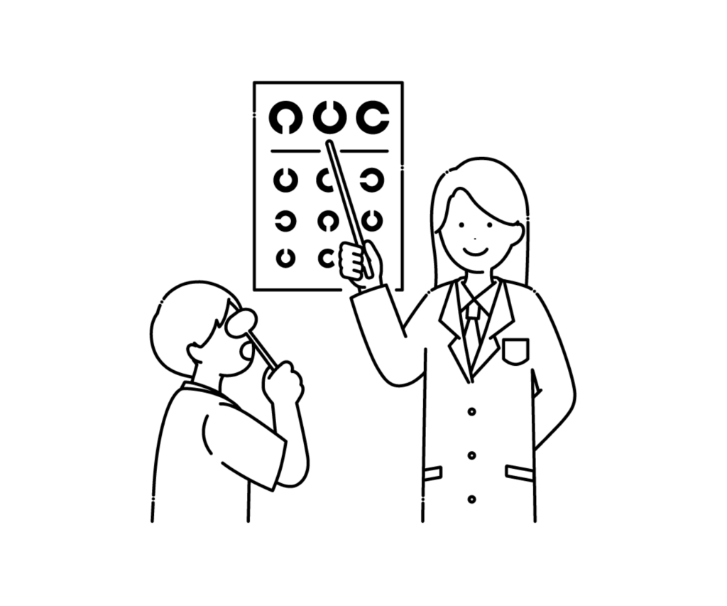 視力検査をする女性医師と男性の白黒イラスト