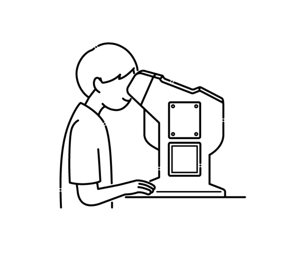 計測器で視力検査をする男性の白黒イラスト