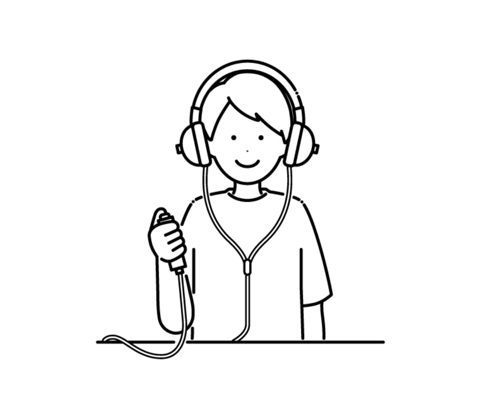 聴力検査をする男性の白黒イラスト