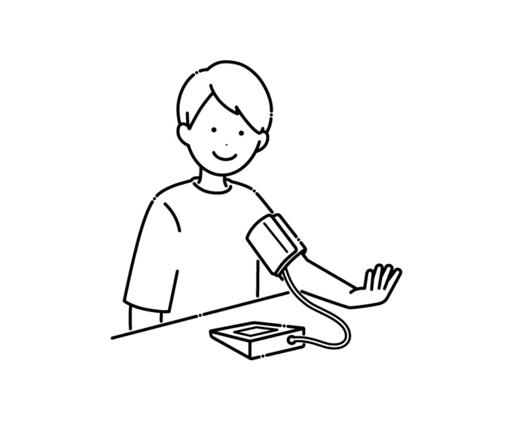 電子血圧計で血圧をはかる男性の白黒イラスト