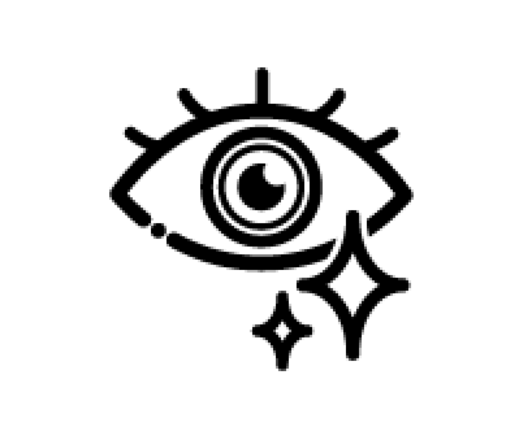 輝くカラーコンタクトレンズ（グレー）を装着した瞳の白黒イラスト