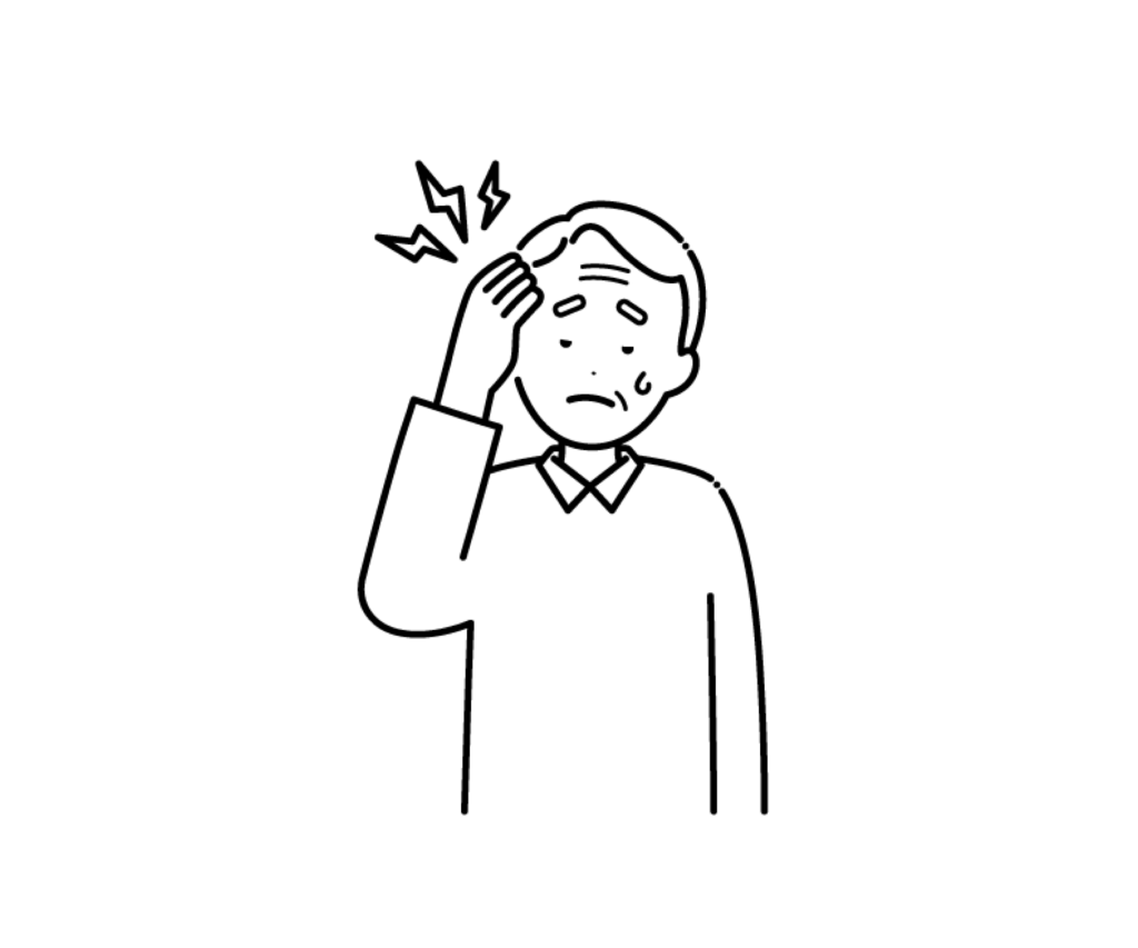 頭が痛い（頭痛）高齢男性の白黒イラスト