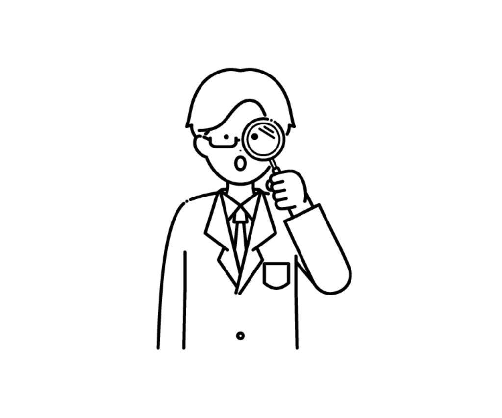 虫眼鏡を持つ男性医師の白黒イラスト
