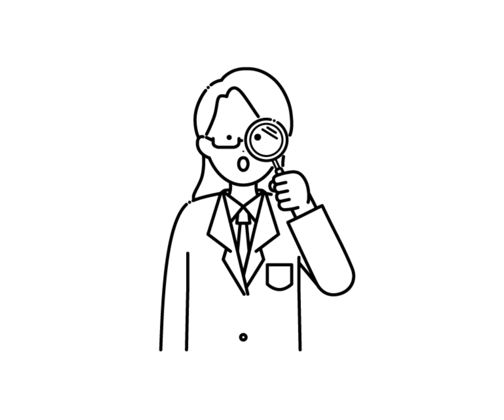 虫眼鏡を持つ女性医師の白黒イラスト