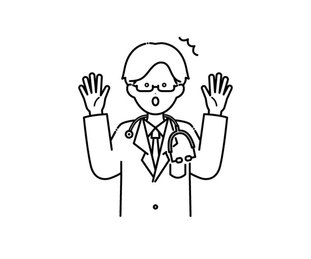 白衣を着て驚く男性医師の白黒イラスト