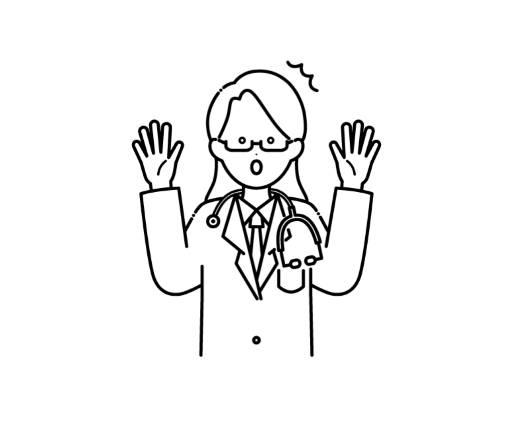 白衣を着て驚く女性医師の白黒イラスト