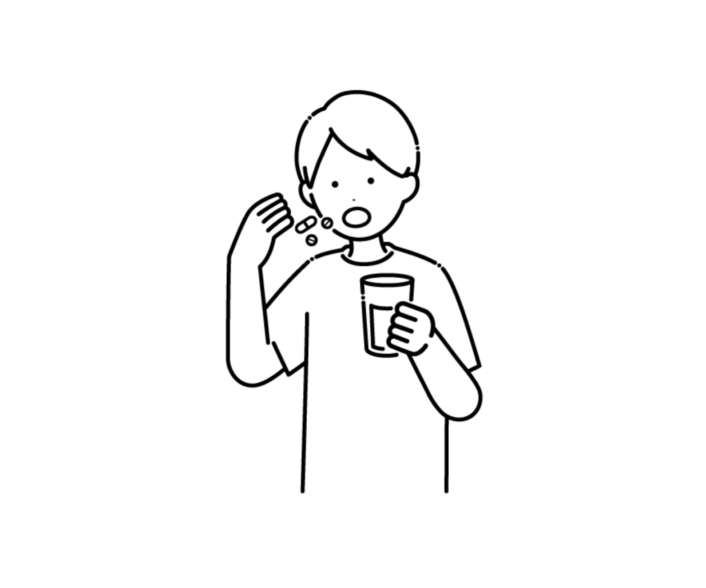 水で薬を飲む男性の白黒イラスト