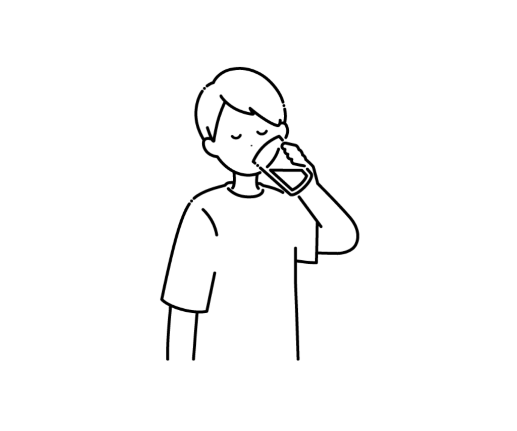 コップで水を飲む男性の白黒イラスト