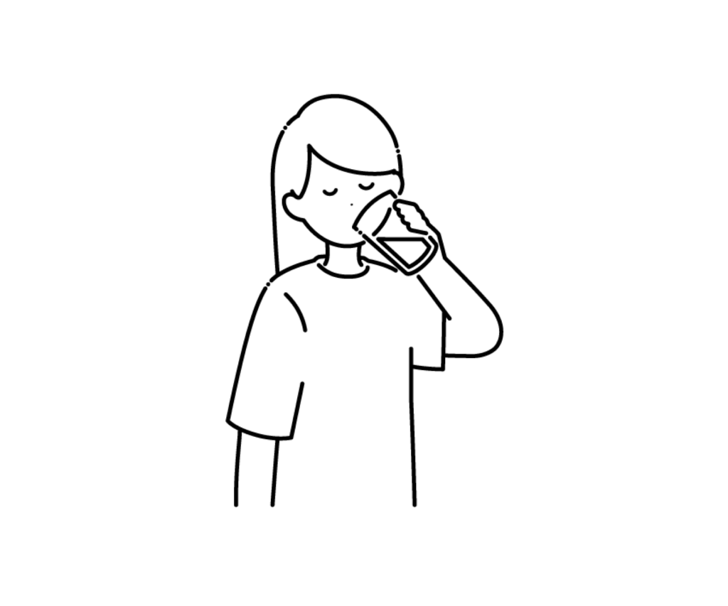 コップで水を飲む女性の白黒イラスト