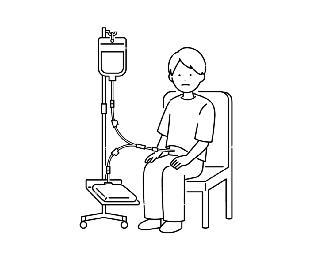 腹膜透析（CAPD）を行う男性の白黒イラスト
