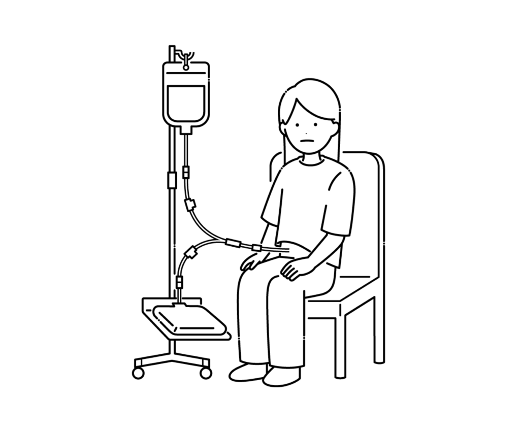 腹膜透析（CAPD）を行う女性の白黒イラスト