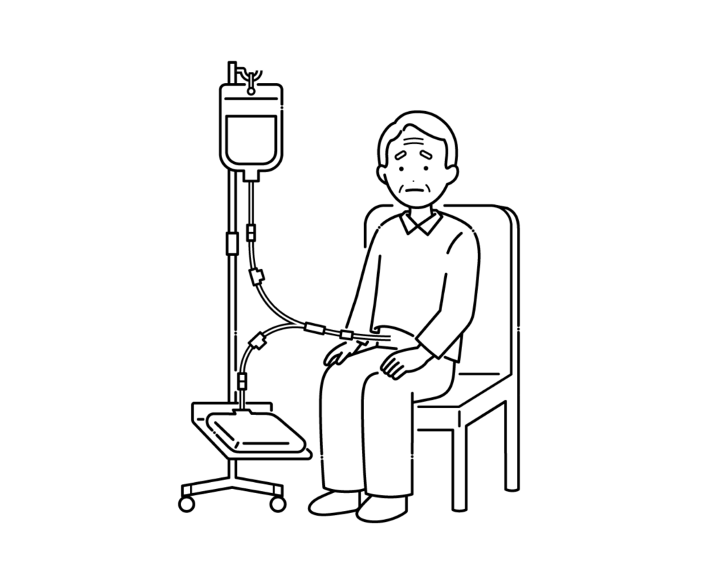 腹膜透析（CAPD）を行う高齢男性の白黒イラスト