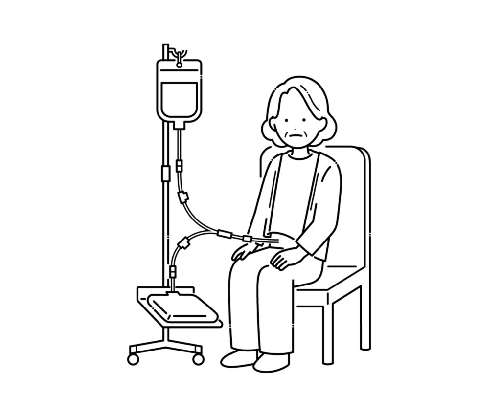 腹膜透析（CAPD）を行う高齢女性の白黒イラスト