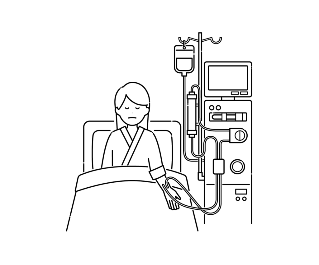 血液透析を行う女性の白黒イラスト