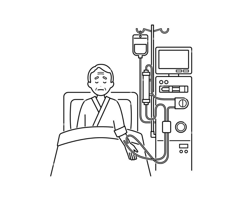 血液透析を行う高齢男性の白黒イラスト