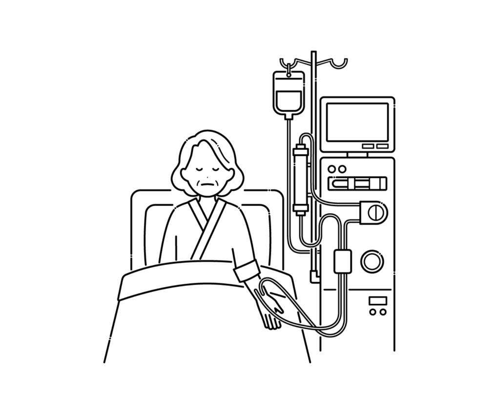 血液透析を行う高齢女性の白黒イラスト