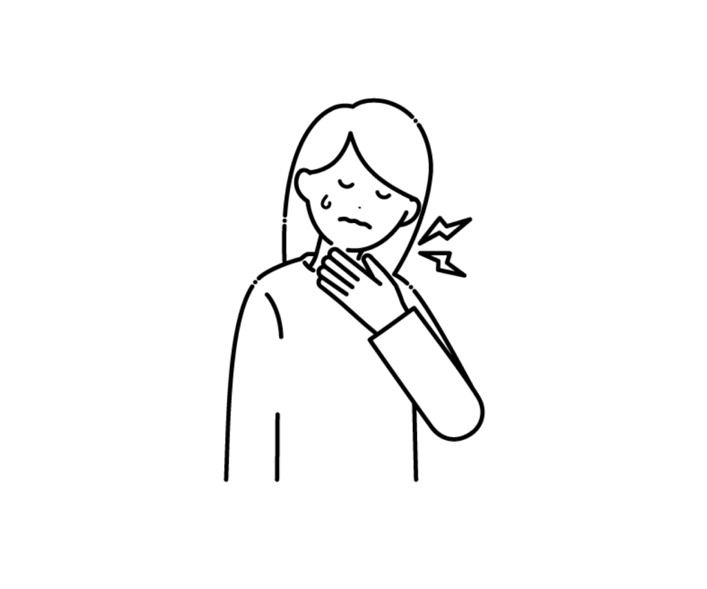 のどが痛い（喉痛）女性の白黒イラスト