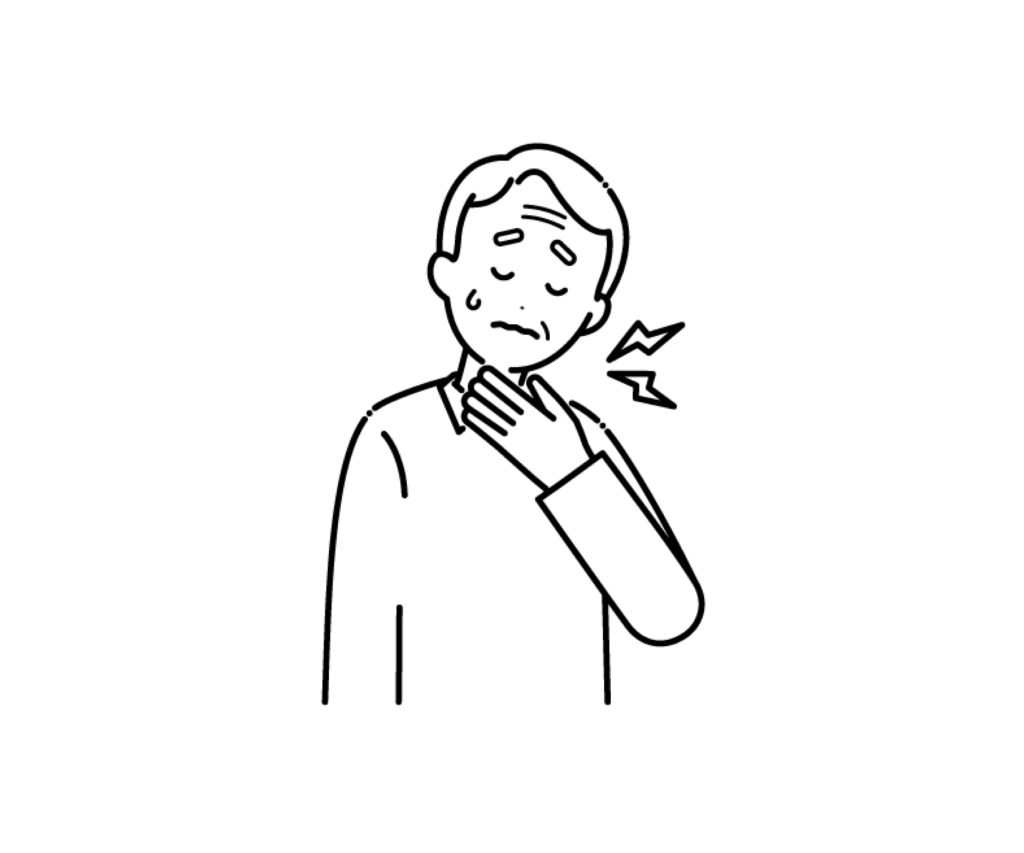 のどが痛い（喉痛）高齢男性の白黒イラスト