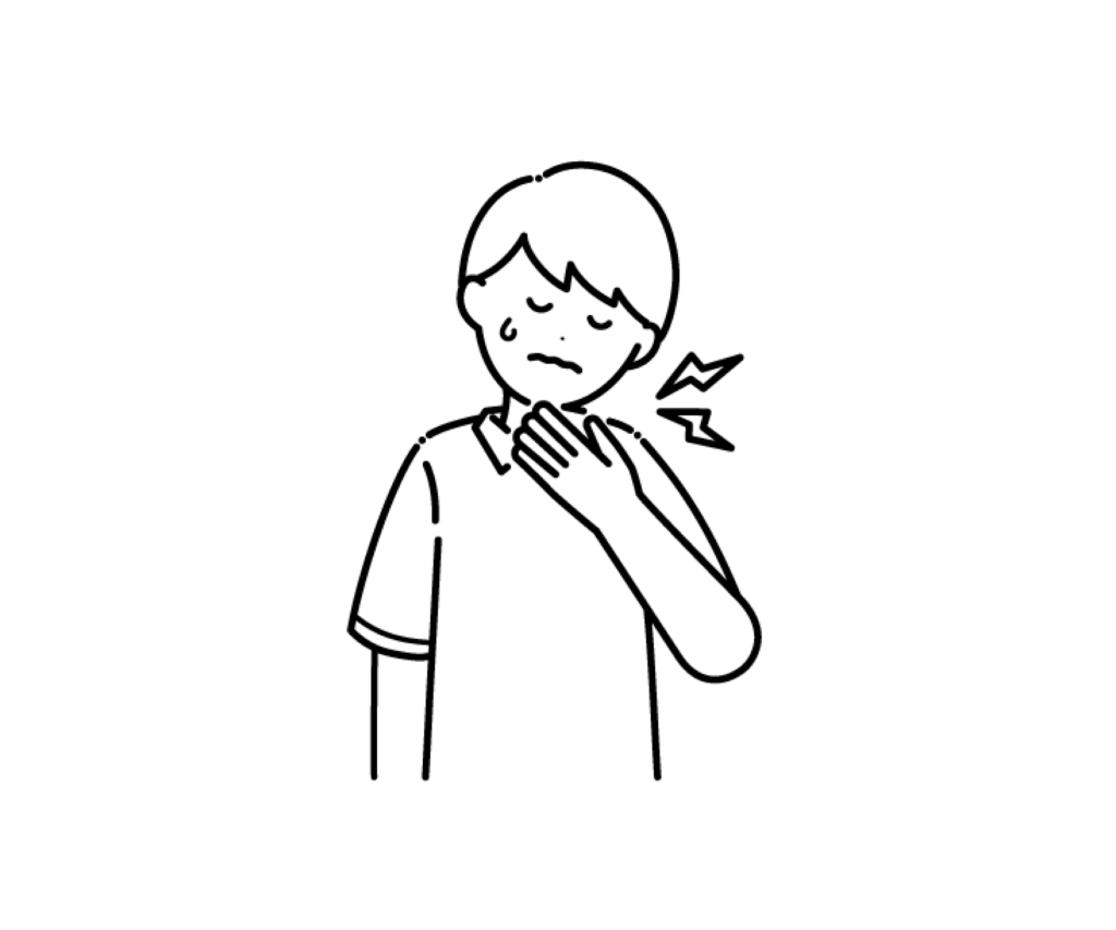 のどが痛い（喉痛）男の子の白黒イラスト