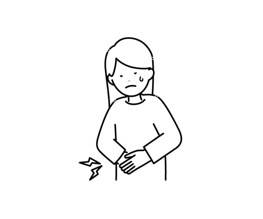 お腹が痛い（腹痛）女性の白黒イラスト