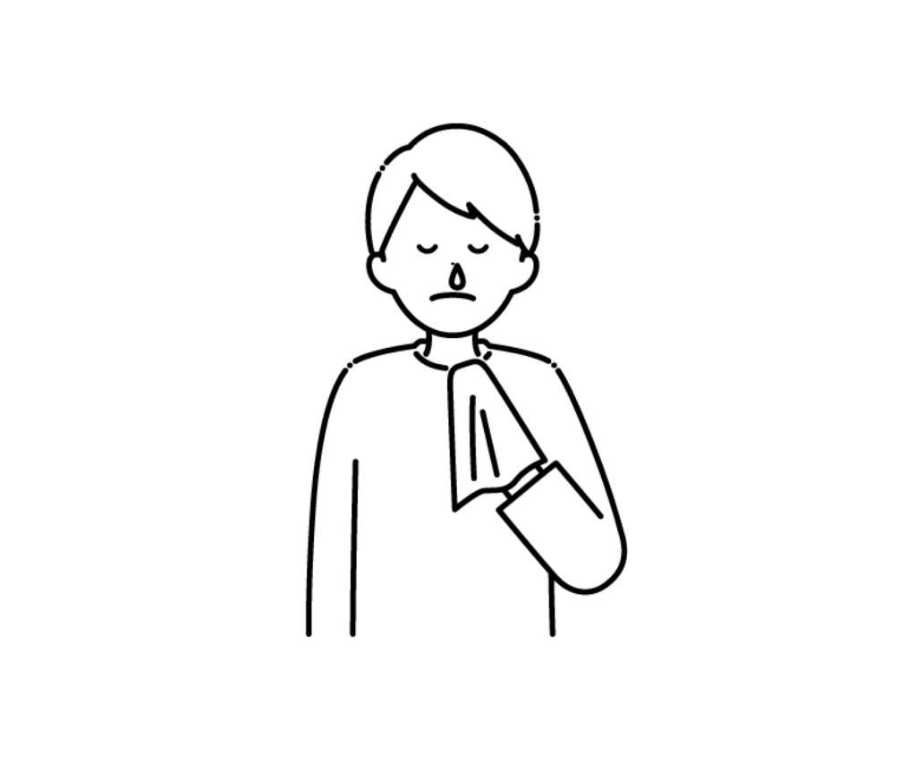 鼻水が出ている男性の白黒イラスト