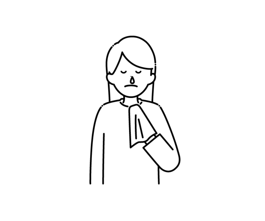 鼻水が出ている女性の白黒イラスト