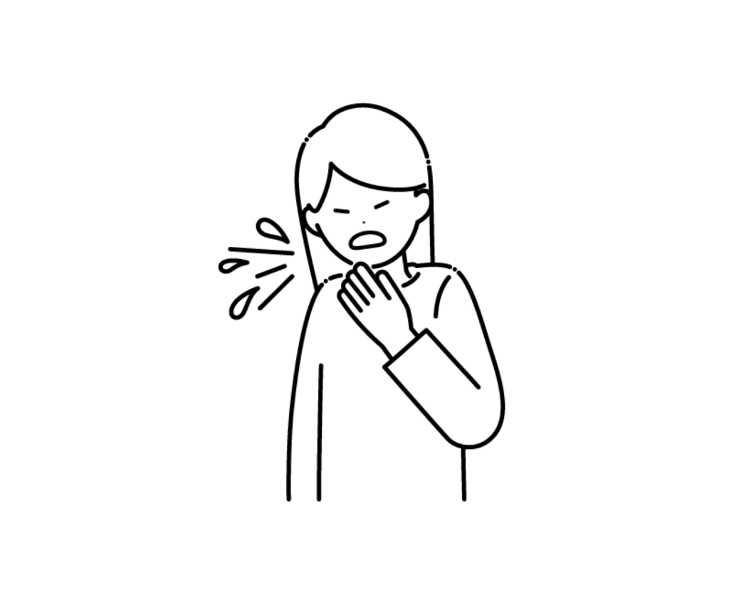 くしゃみをする女性の白黒イラスト