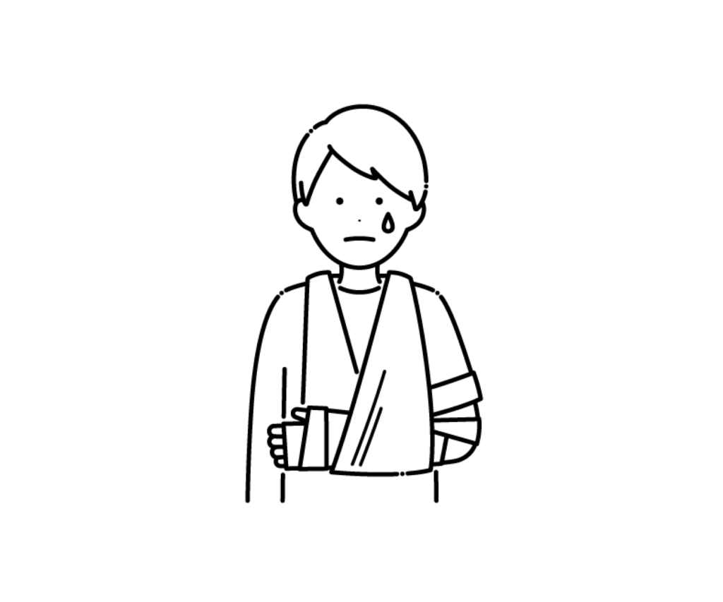 骨折して腕に包帯とギプスをつけた男性の白黒イラスト