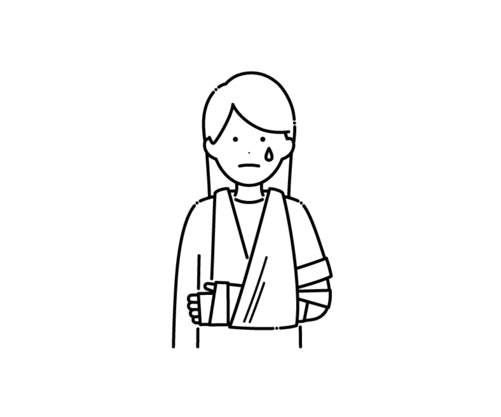 骨折して腕に包帯とギプスをつけた女性の白黒イラスト
