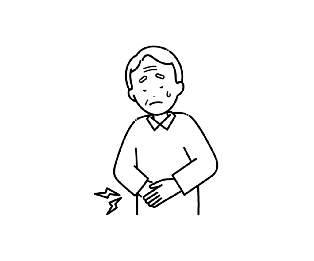 お腹が痛い（腹痛）高齢男性の白黒イラスト