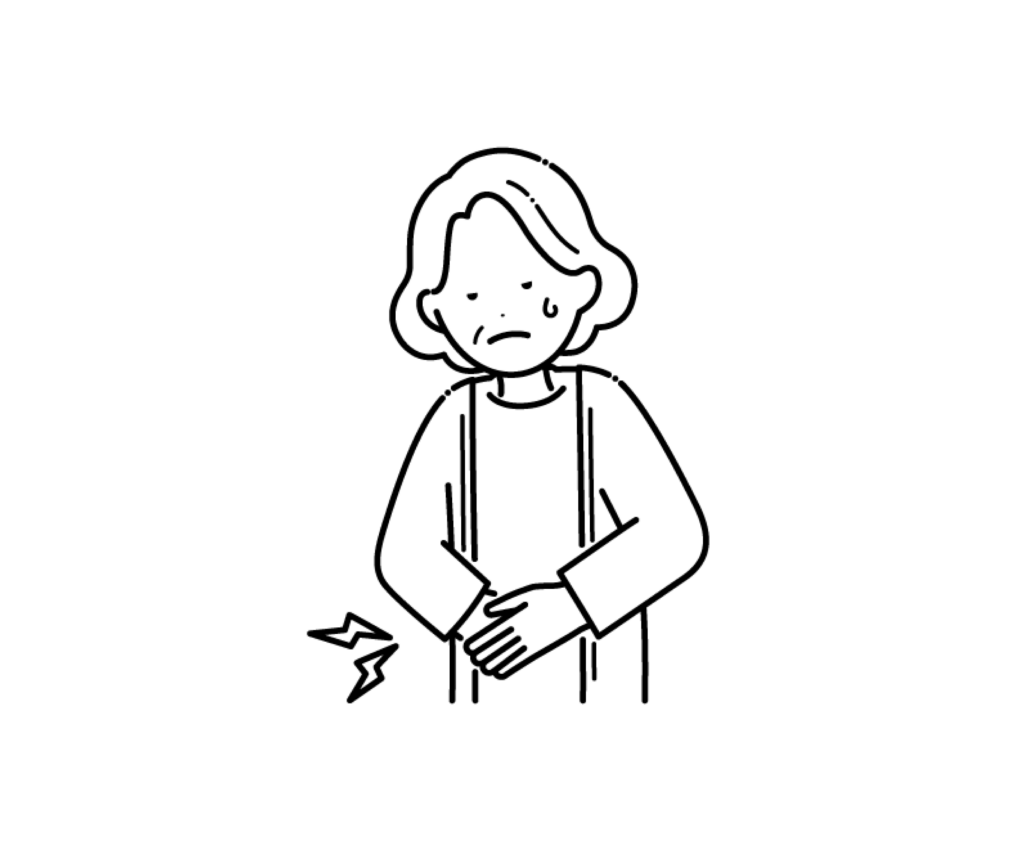 お腹が痛い（腹痛）高齢女性の白黒イラスト