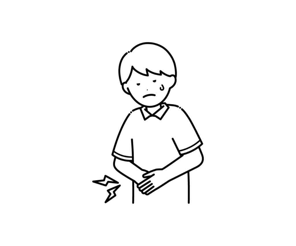お腹が痛い（腹痛）男の子の白黒イラスト