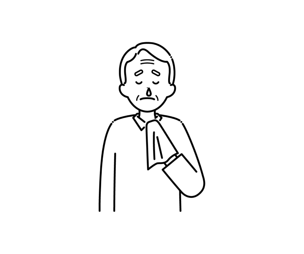 鼻水が出ている高齢男性の白黒イラスト