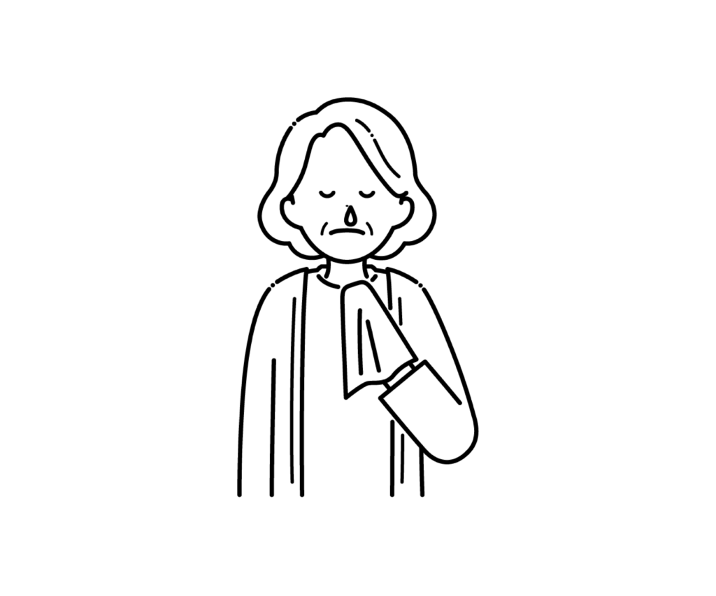 鼻水が出ている高齢女性の白黒イラスト