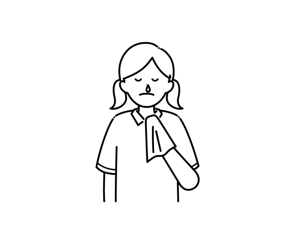 鼻水が出ている女の子の白黒イラスト