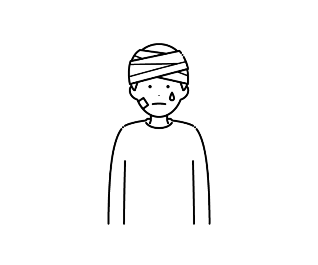 頭と顔に怪我をした男性の白黒イラスト
