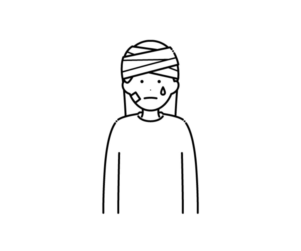 頭と顔に怪我をした女性の白黒イラスト