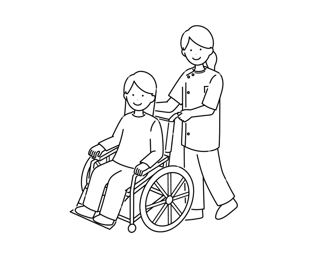 車椅子の女性とケーシーを着た女性看護師の白黒イラスト