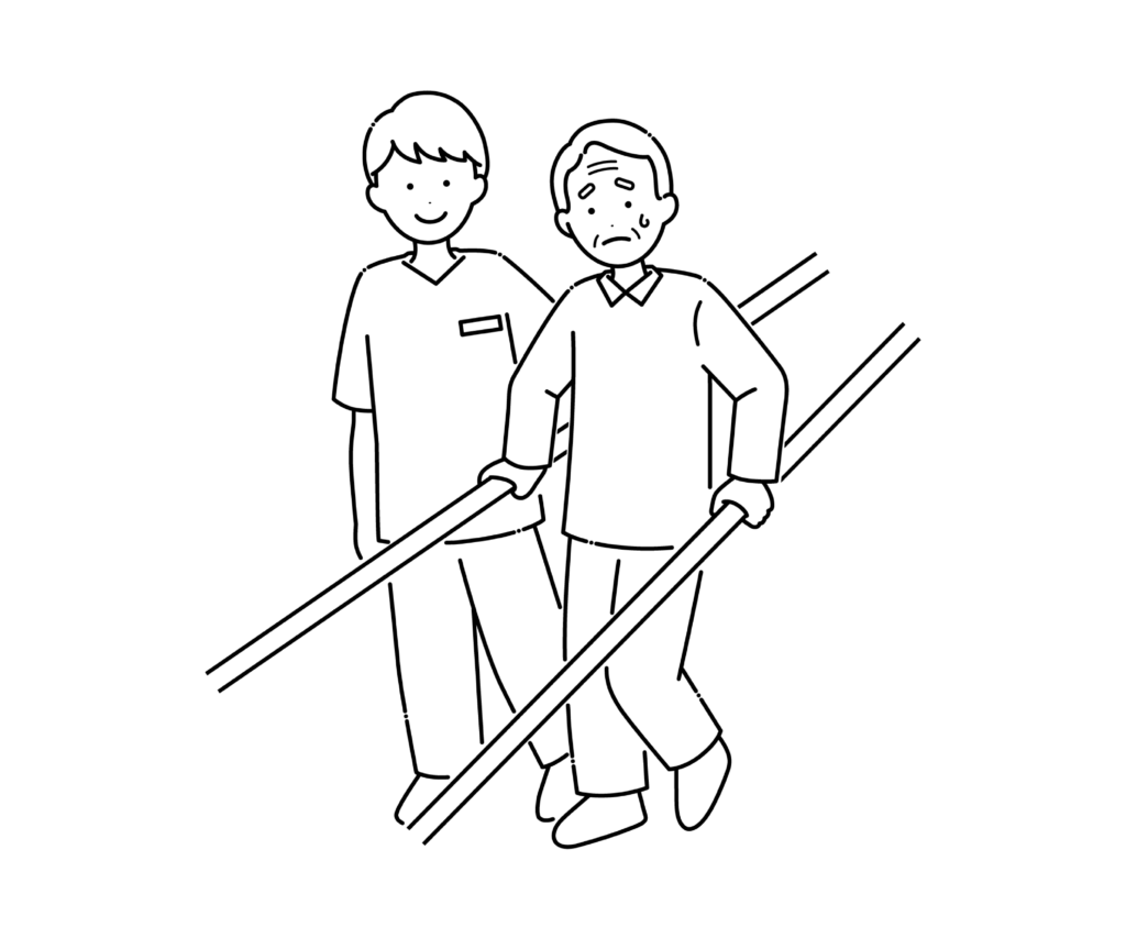 作業療法士と歩行訓練をする高齢男性の白黒イラスト
