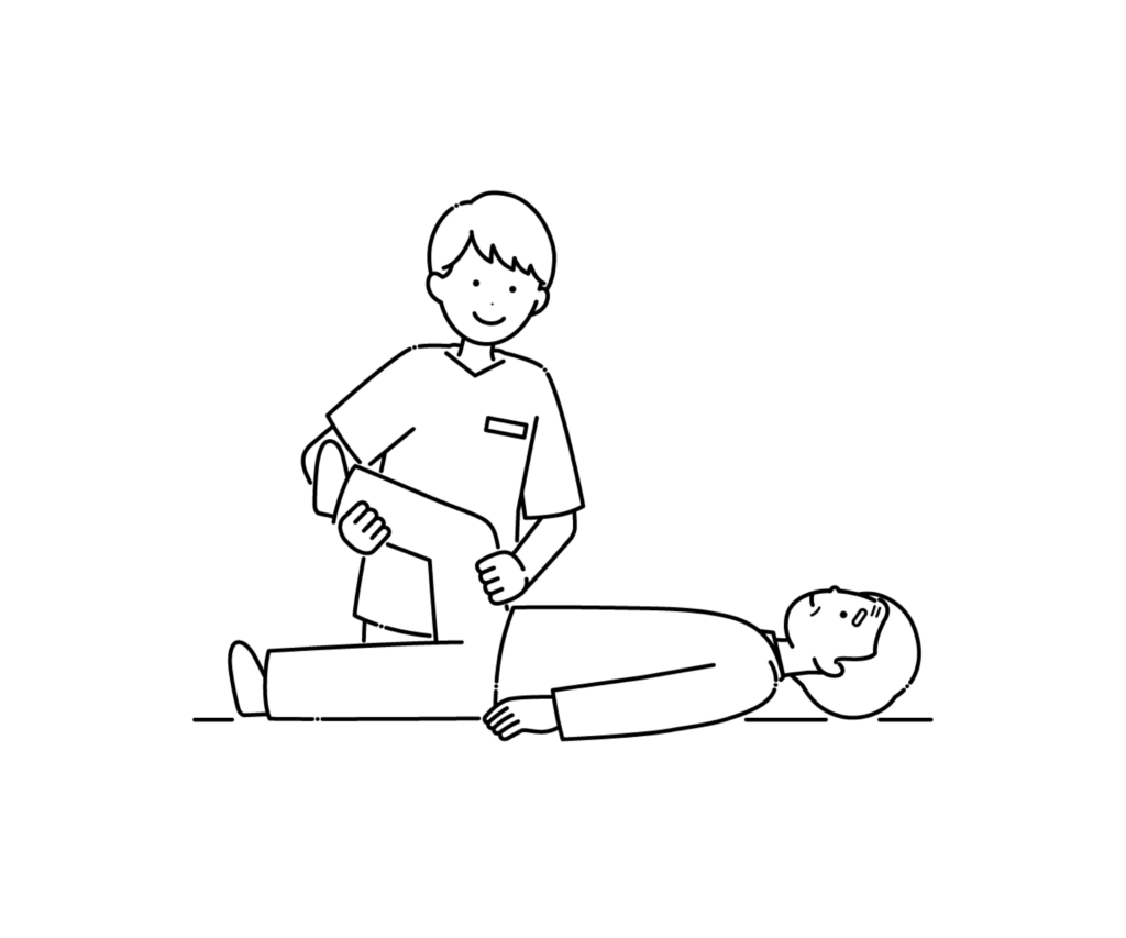 高齢男性の足のリハビリをする理学療法士の白黒イラスト