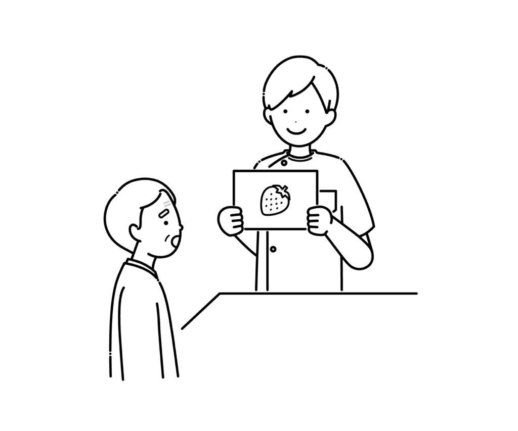 言語聴覚療法を受ける高齢男性の白黒イラスト