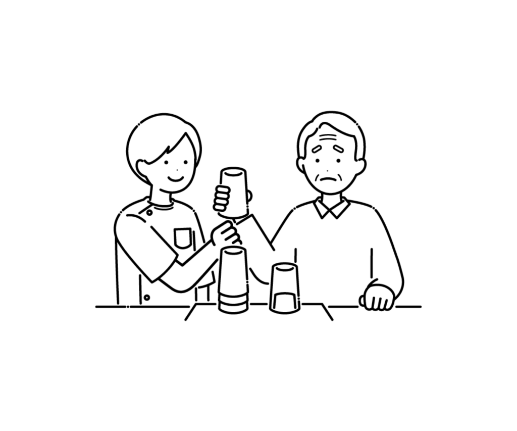 アクリルコーンでリハビリをする高齢男性の白黒イラスト