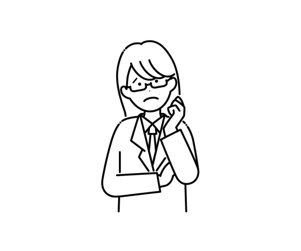 白衣を着て困った様子の女性医師の白黒イラスト