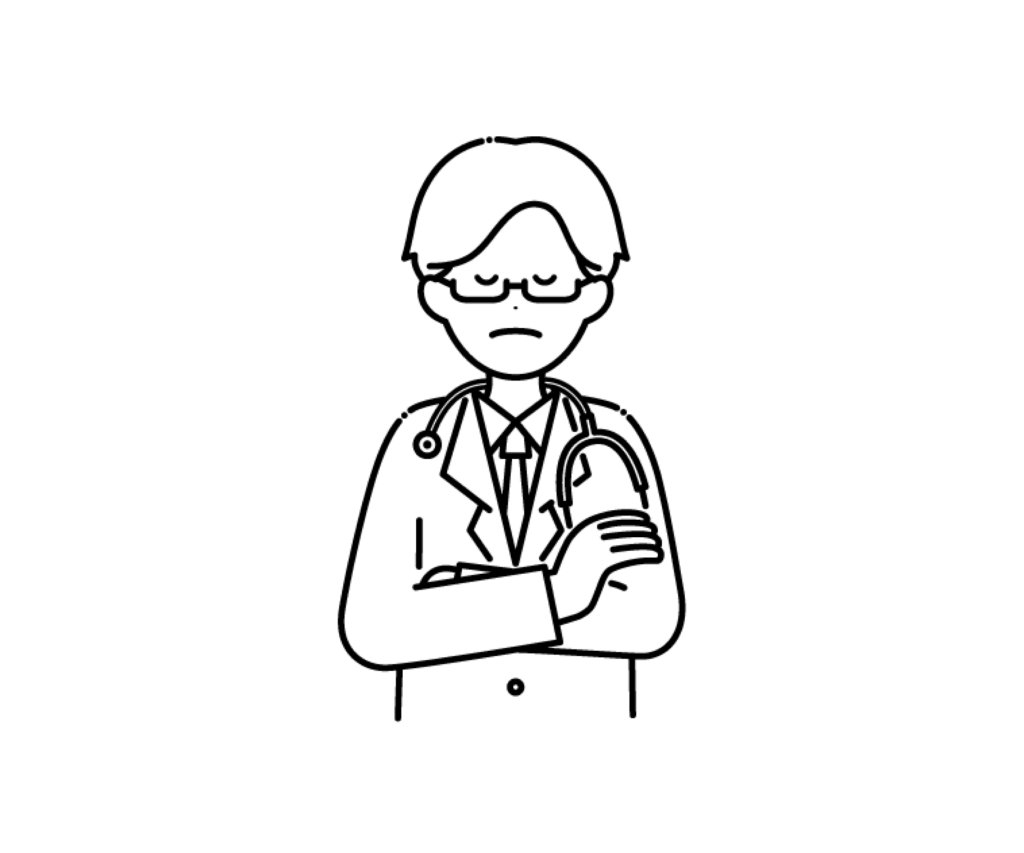 白衣を着て腕を組んで悩む男性医師の白黒イラスト